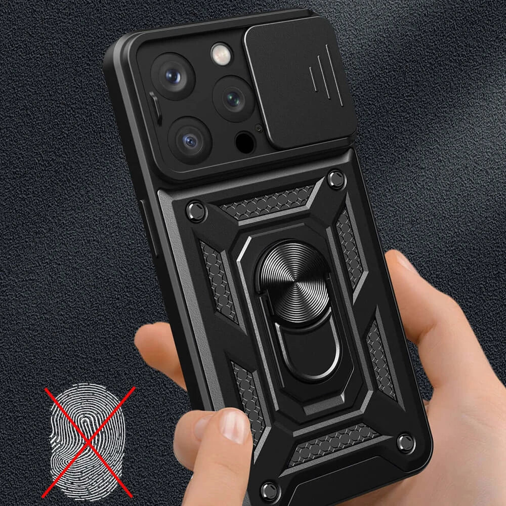 iPhone 15 Pro Max  Hybrid Armor Camshield Case with Camera Cover in Black - MIZO.at