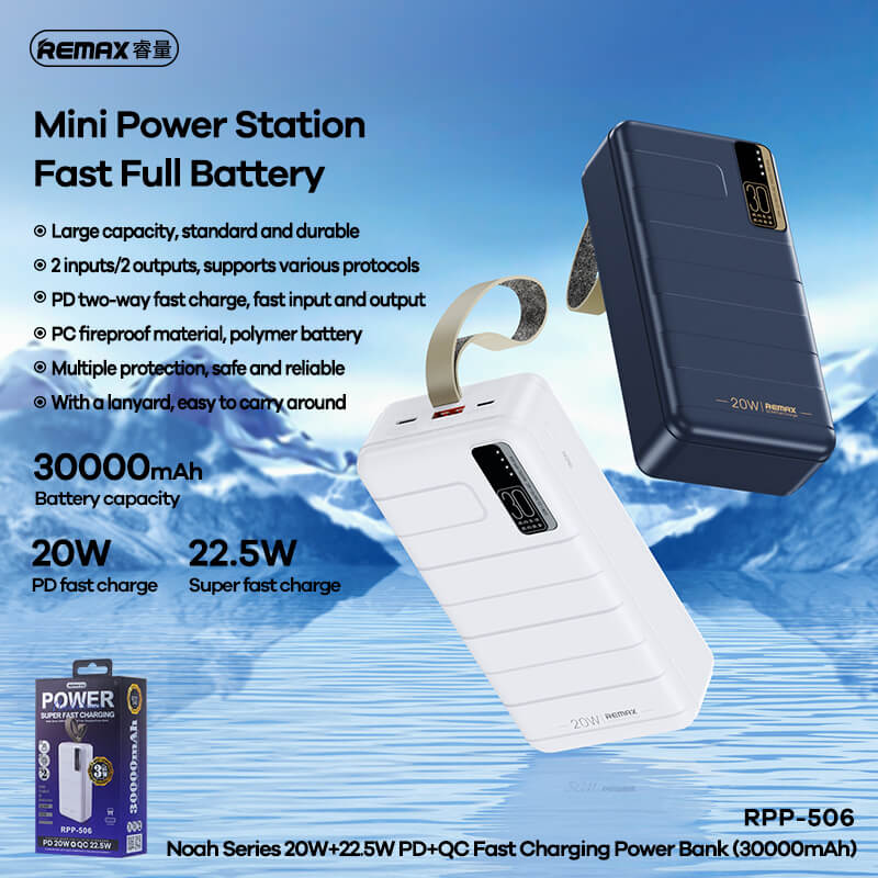 REMAX POWER BANK 30000MAH RPP-506 NOAH - USB + TYPE C - PD 20W QC 22.5W BLUE