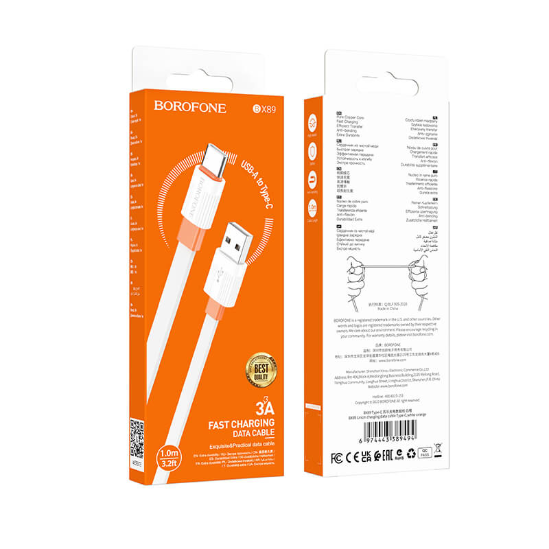 Borofone BX89 Union Cable | USB to Type-C, 3A, 1 Meter, White-Orange - MIZO.at