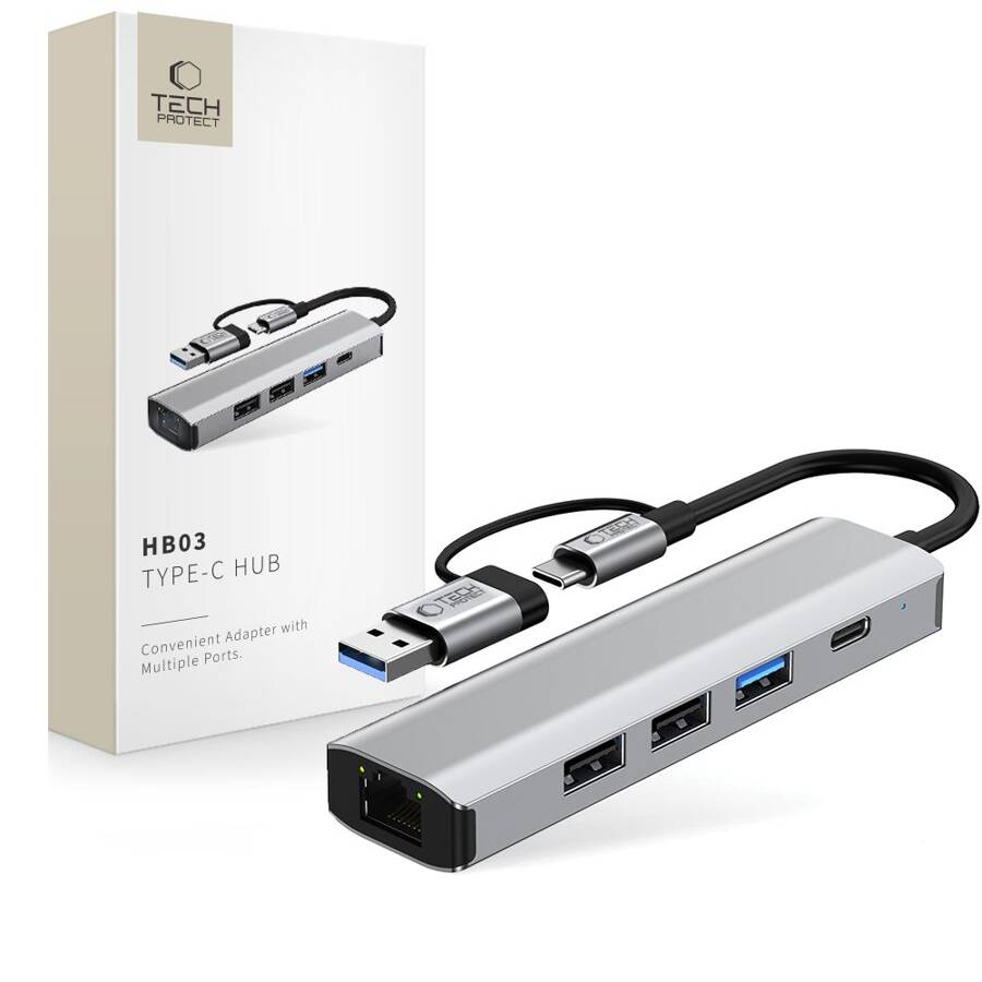 Tech-Protect HB03 5-in-1 USB-C Hub | Ethernet & USB Expansion, Space Grey - MIZO.at