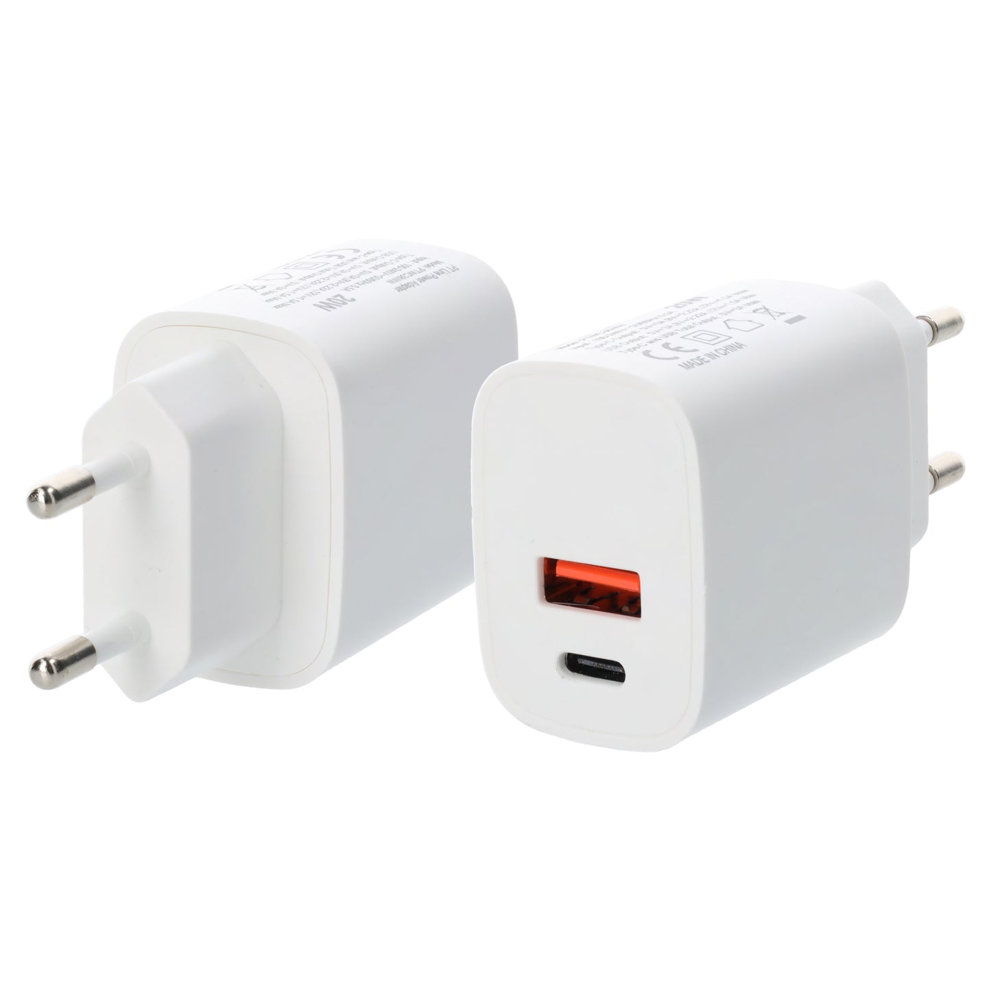 Dual Port USB-A & USB Type-C Power Adapter Travel Charger Total Output 38W, White Bulk