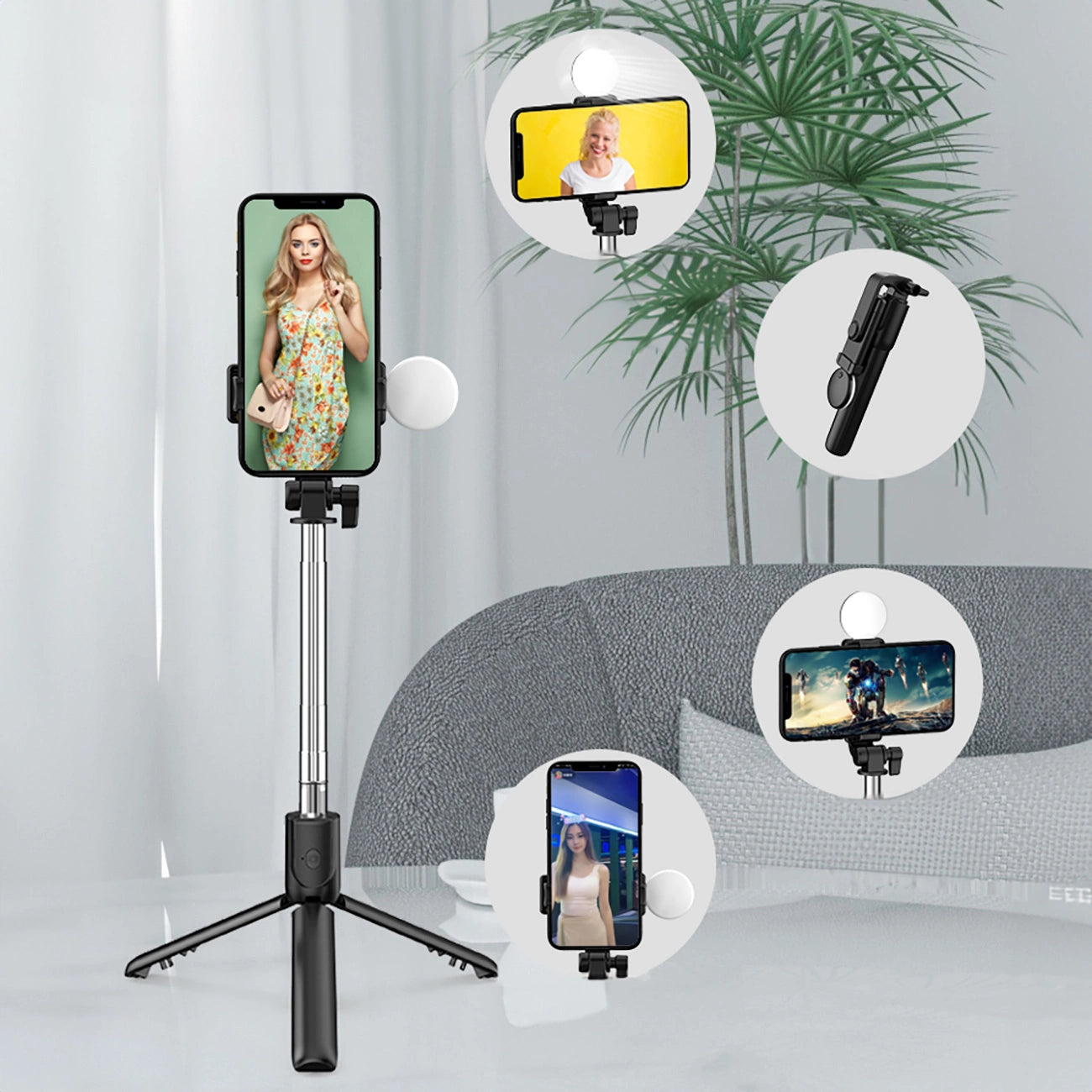 Selfie Stick WR1YXS Telescopic Tripod 0.71m with Round Lamp – Black