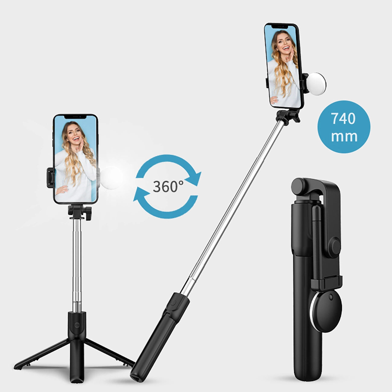 Selfie Stick WR1YXS Telescopic Tripod 0.71m with Round Lamp – Black