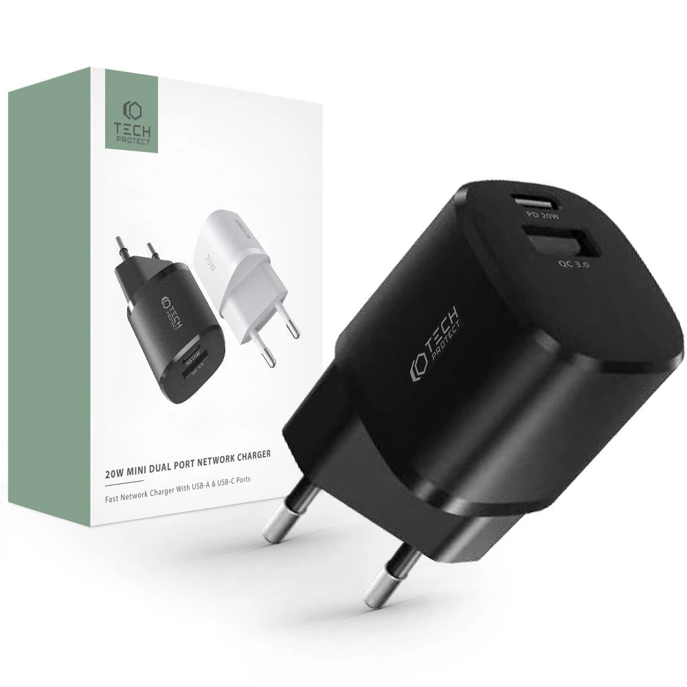 Tech-Protect C20W Mini Charger USB-C PD 20W / USB-A QC 3.0 – Black