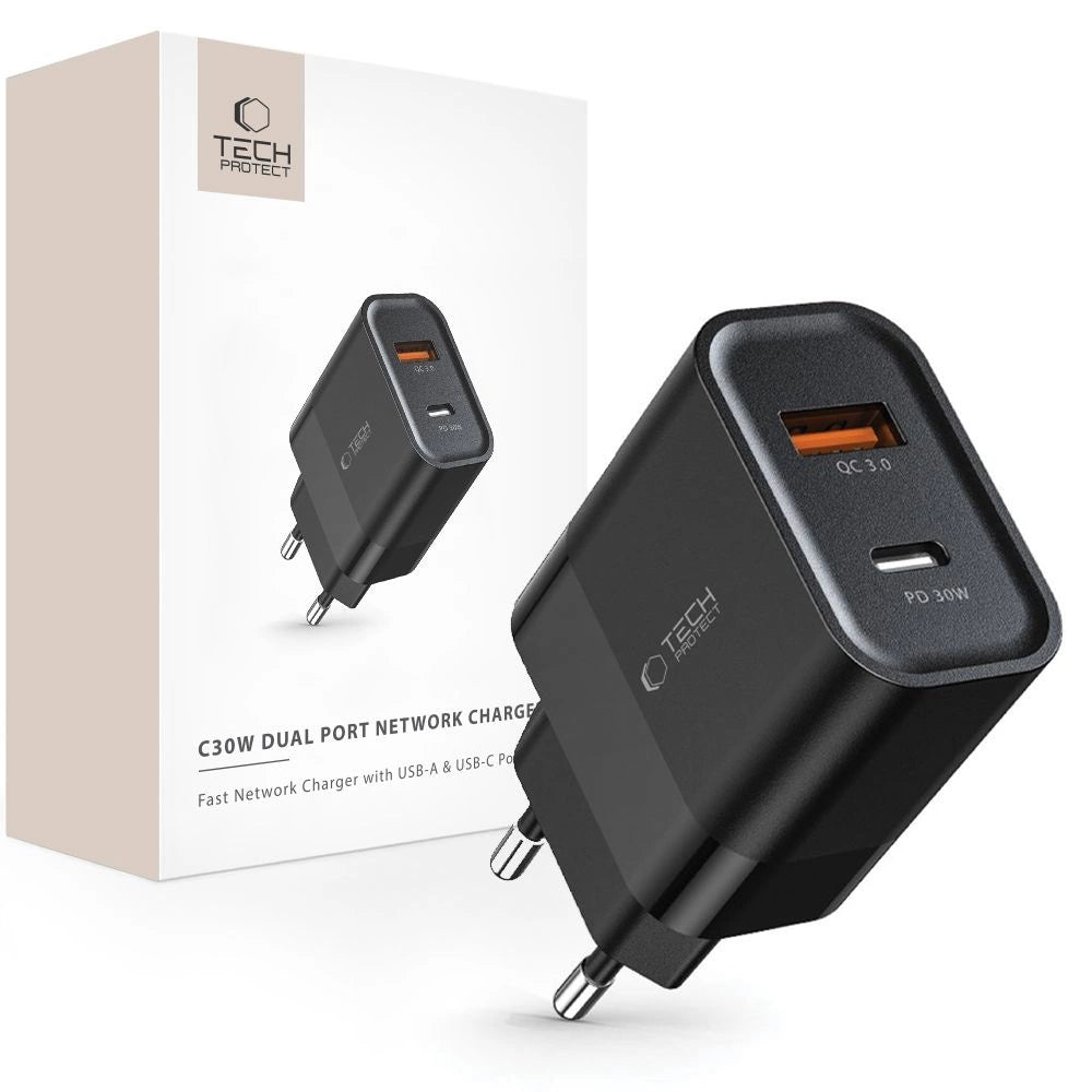 Tech-Protect C30W Charger USB-C PD 30W / USB-A QC 3.0 – Black