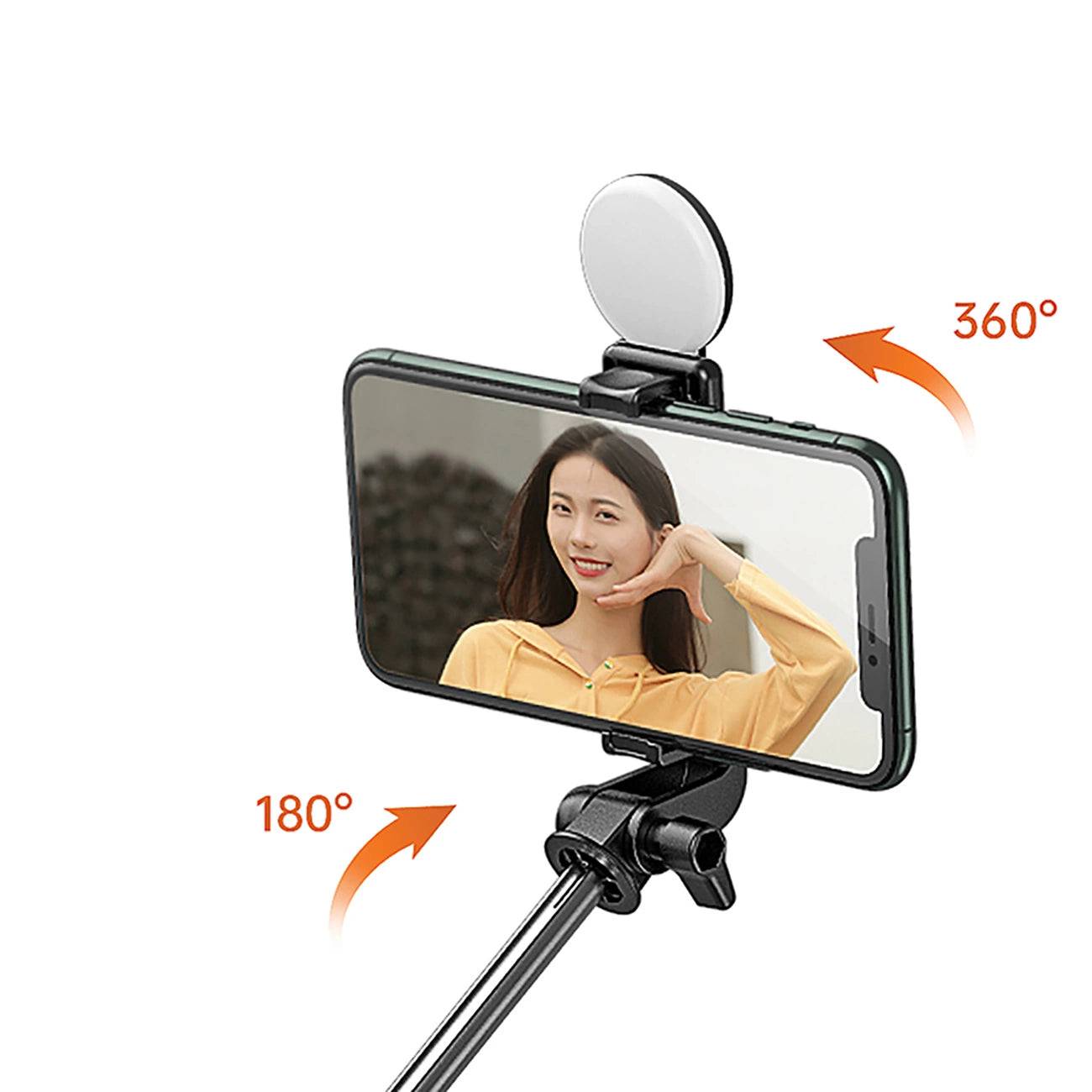 WHS1YXS Telescopic Selfie Stick and Tripod with LED Ring Light and Phone Holder, 1m - Black