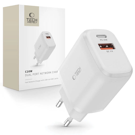 Tech-Protect C20W USB-C PD 20W / USB-A QC 3.0 Fast Charger - White