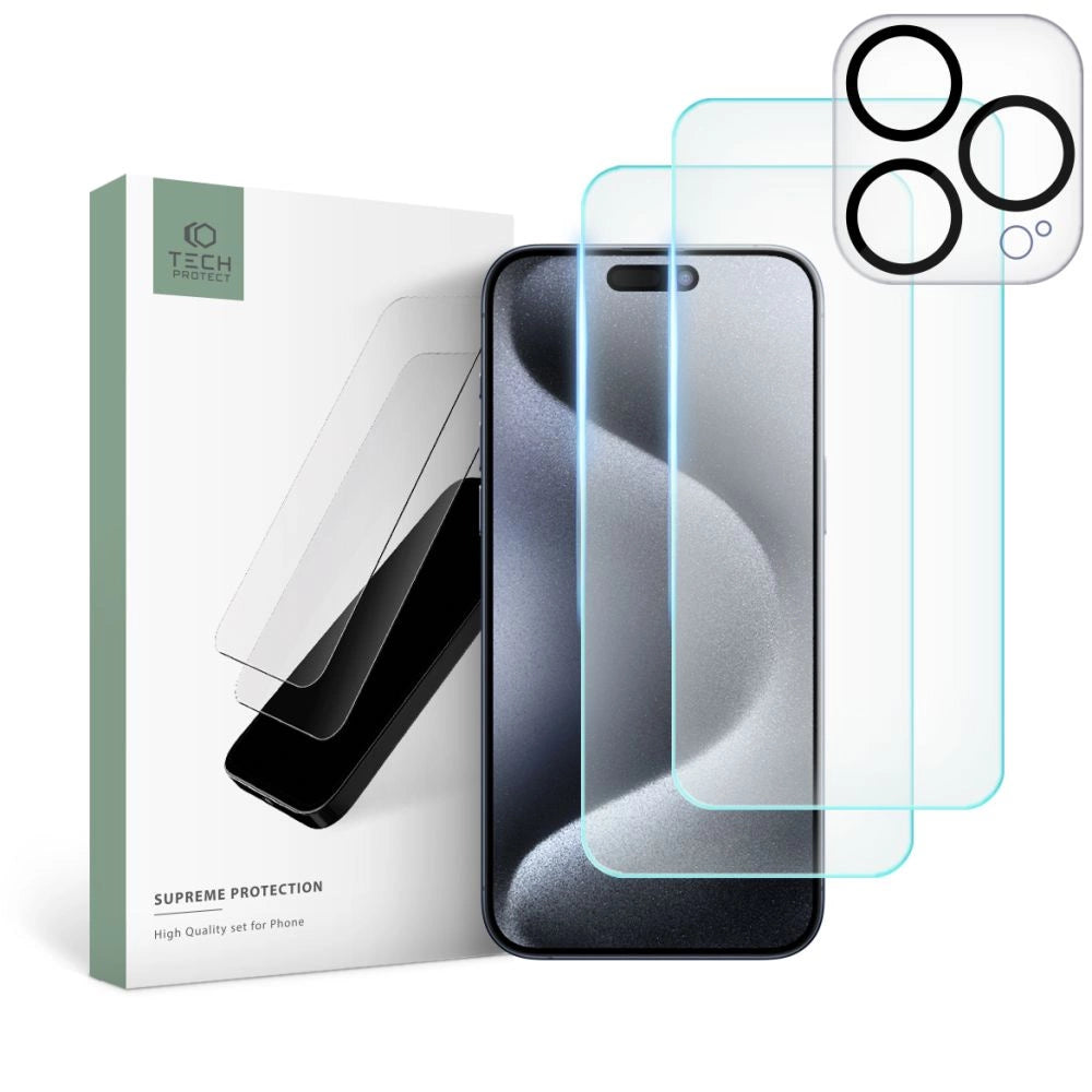 Tech-Protect Supreme Set for iPhone 15 Pro - 2x Tempered Glass for Display / Tempered Glass for Camera