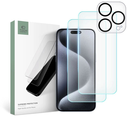 Tech-Protect Supreme Set for iPhone 15 Pro - 2x Tempered Glass for Display / Tempered Glass for Camera - MIZO.at